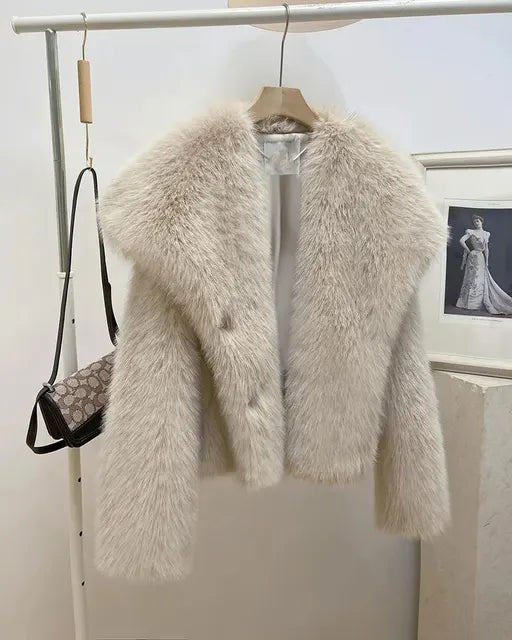 Women Fluffy Jacket Winter Clothes Short Faux-Fox Fur Coats Korea Lapel Casual Black Outwear Female Thick Warm Plush Overcoat