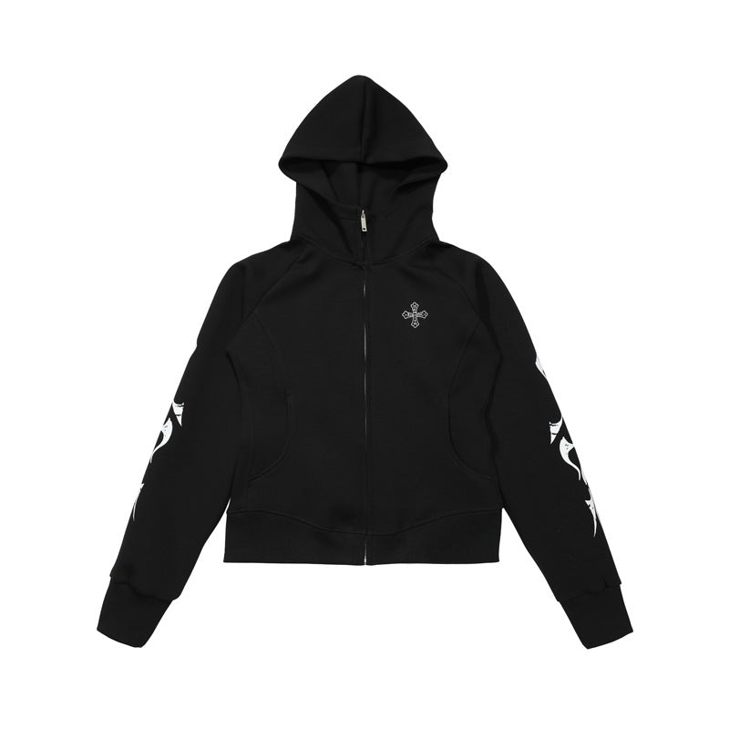 Vintage Gothic Style Hooded Sweatshirt Streetwear Casual Fitted Slim Fit Short Zip-Up Hoodie Jacket