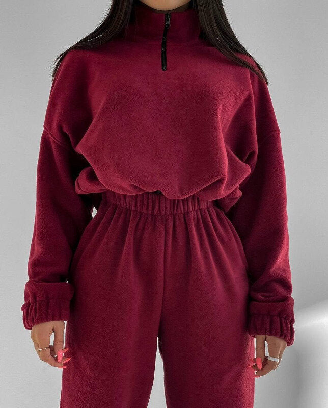 Fashion Casual Loose Zipper Stand Collar Hoodie Two-Piece Set for Women