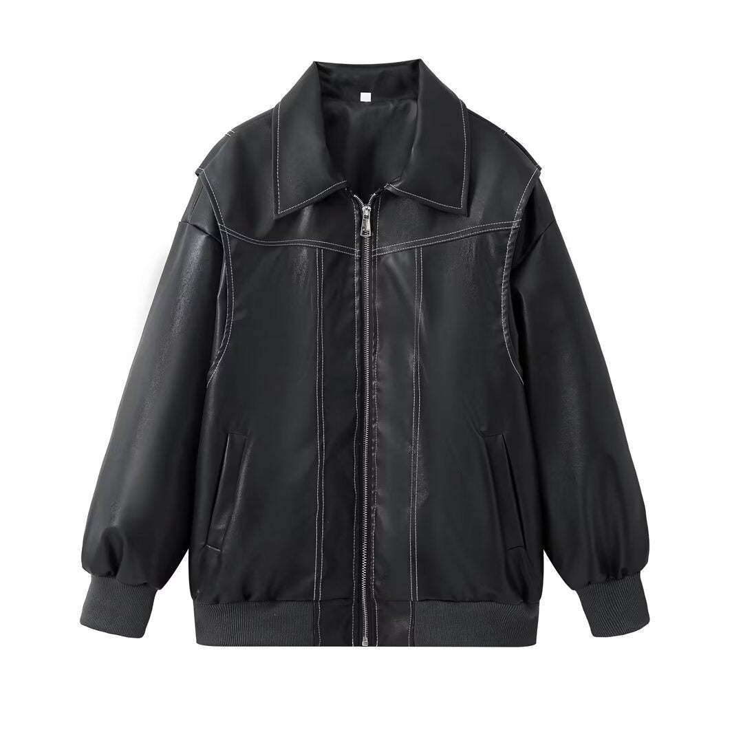 PU Autumn Winter Vintage Long Sleeve Patchwork Jackets Fashion Streetwear Pocket Coats