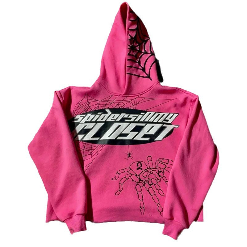 Style Spider Web Print Loose Street Pink Unisex Hoodie