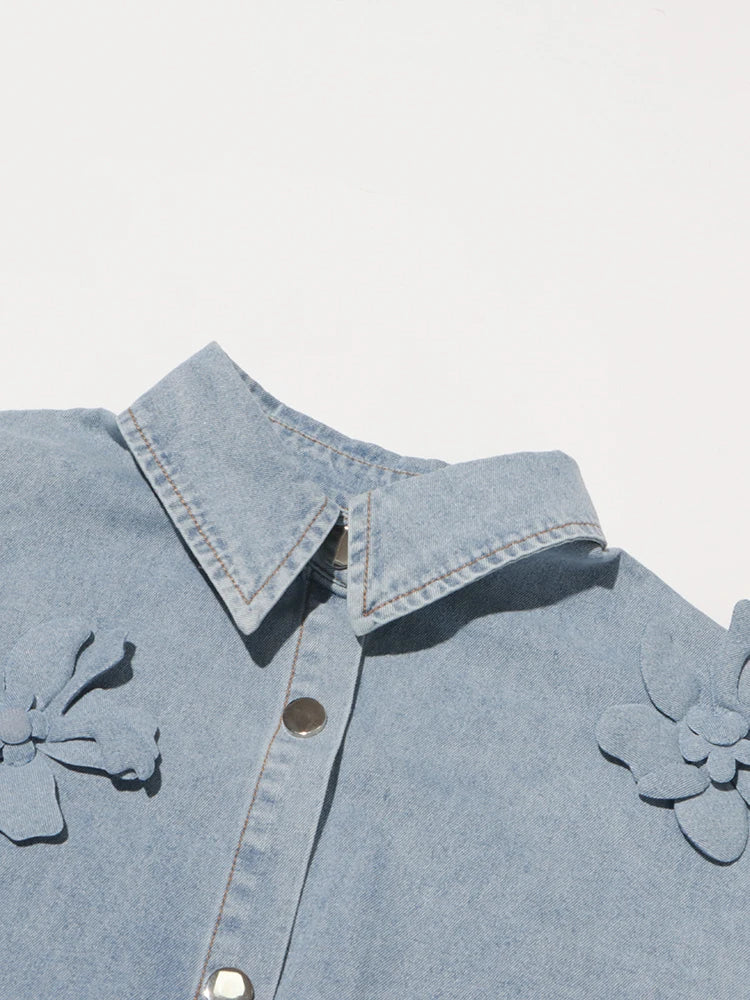 Solid Patchwork Appliques Loose Denim Jackets For Women Lapel Long Sleeve Spliced Button Minimalist Coats Female