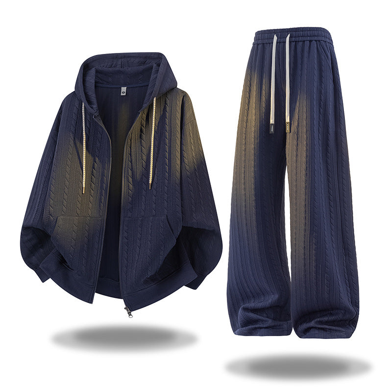 Textured Casual Sportswear Set for Men and WomenOpen Front Hoodie and Sweatpants Two-Piece Set