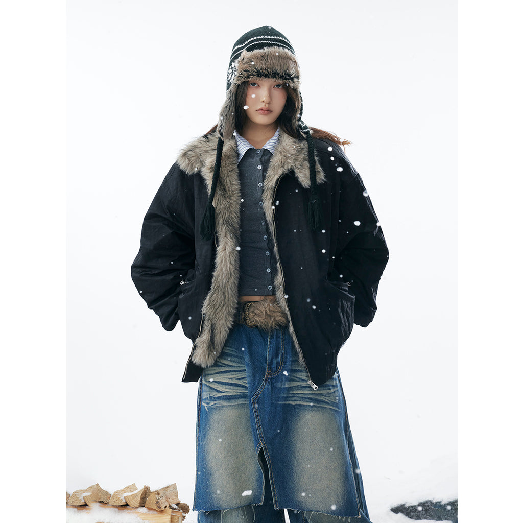 Cotton jacket with fur collar and fleece