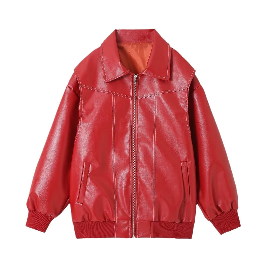 PU Autumn Winter Vintage Long Sleeve Patchwork Jackets Fashion Streetwear Pocket Coats