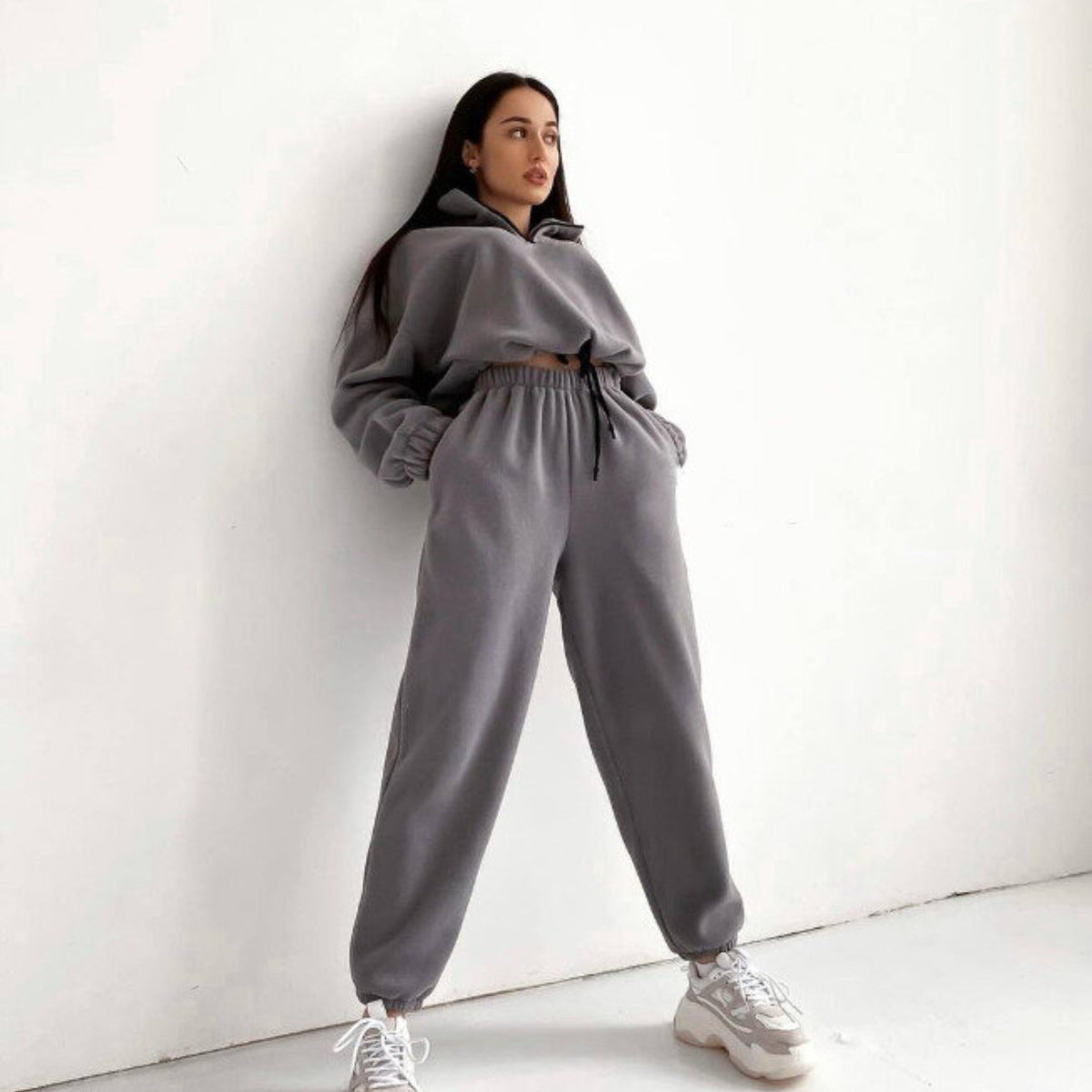 Fashion Casual Loose Zipper Stand Collar Hoodie Two-Piece Set for Women