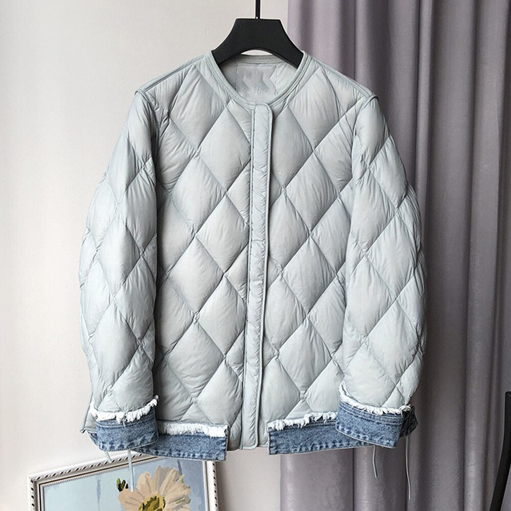 Winter Cotton Coat For Women Round Neck Long Sleeve Patchwork Denim Casual Down Coats Female Clothing Fashion Style