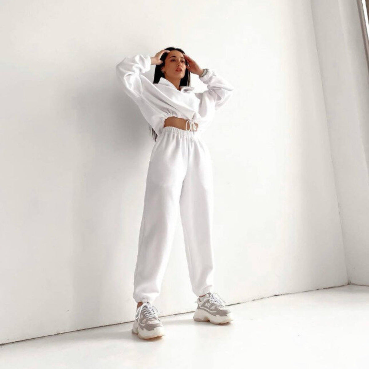 Fashion Casual Loose Zipper Stand Collar Hoodie Two-Piece Set for Women