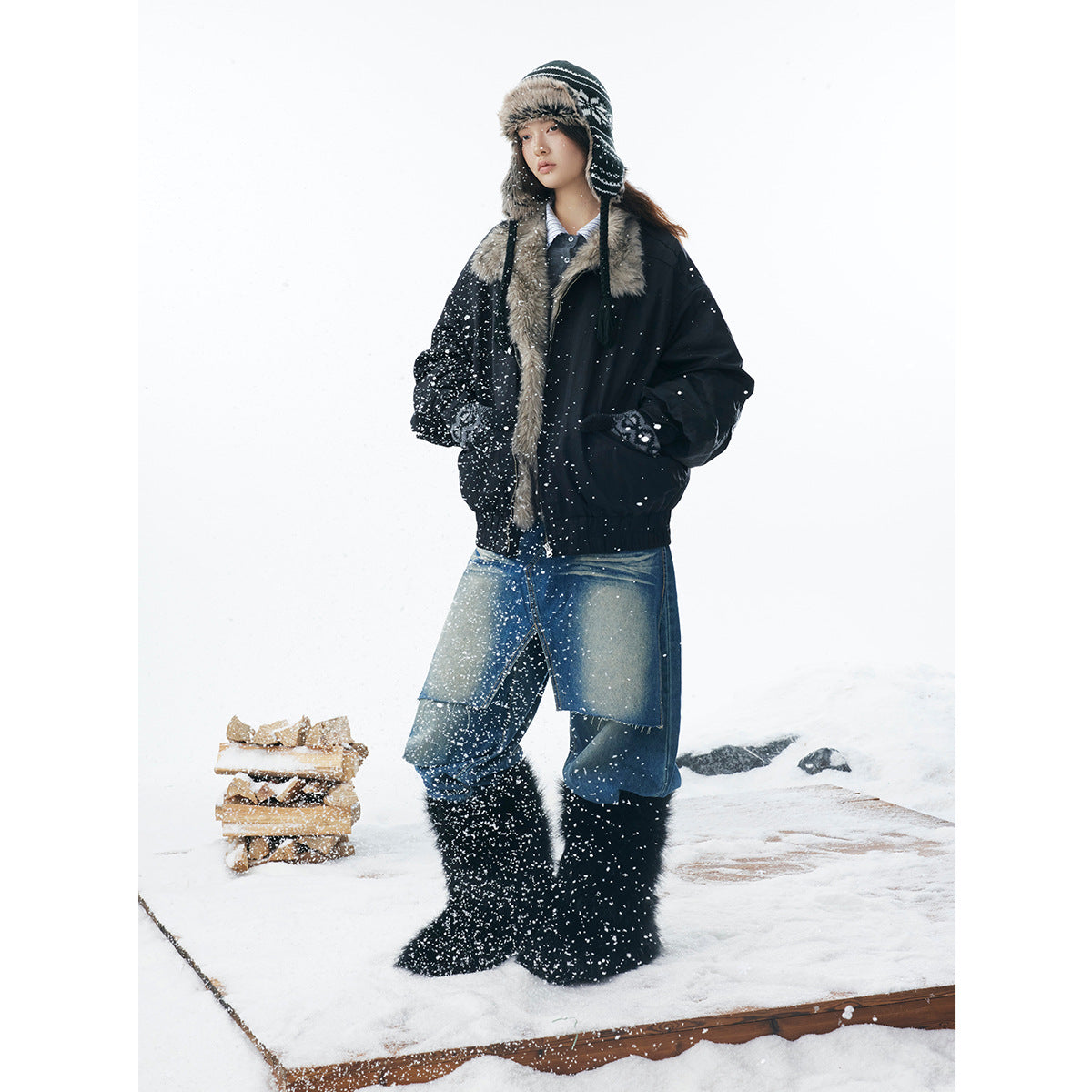 Cotton jacket with fur collar and fleece