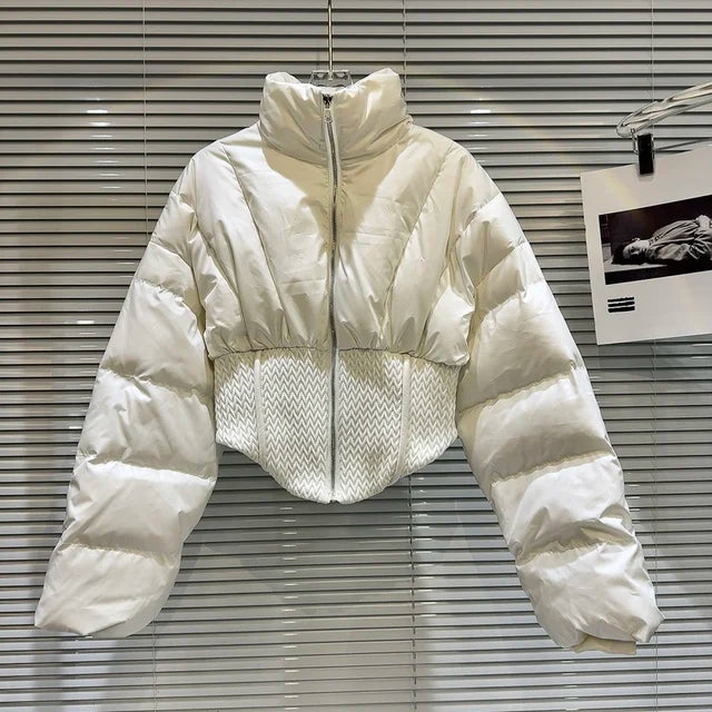 Fashion Women's Spliced Warm Coats  Winter New Stand Collar Long Sleeve Zipper Cotton-padded Jackets Female