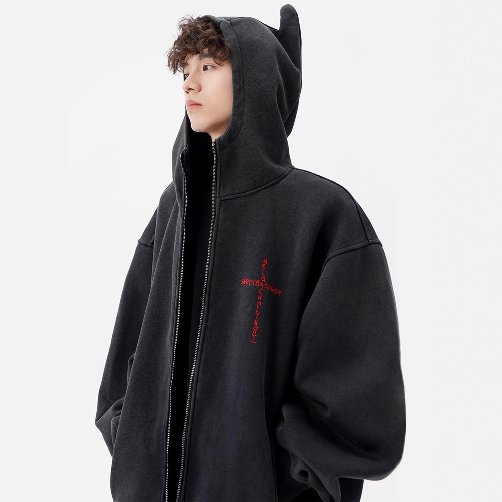 Street Style Heavyweight Washed Hoodie for Men and Women, Trendy Brand, Devil Design Zip-Up Jacket