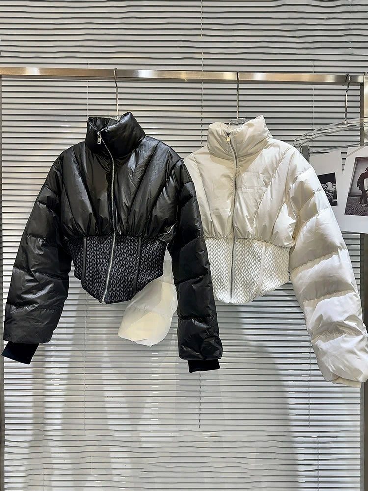 Fashion Women's Spliced Warm Coats  Winter New Stand Collar Long Sleeve Zipper Cotton-padded Jackets Female