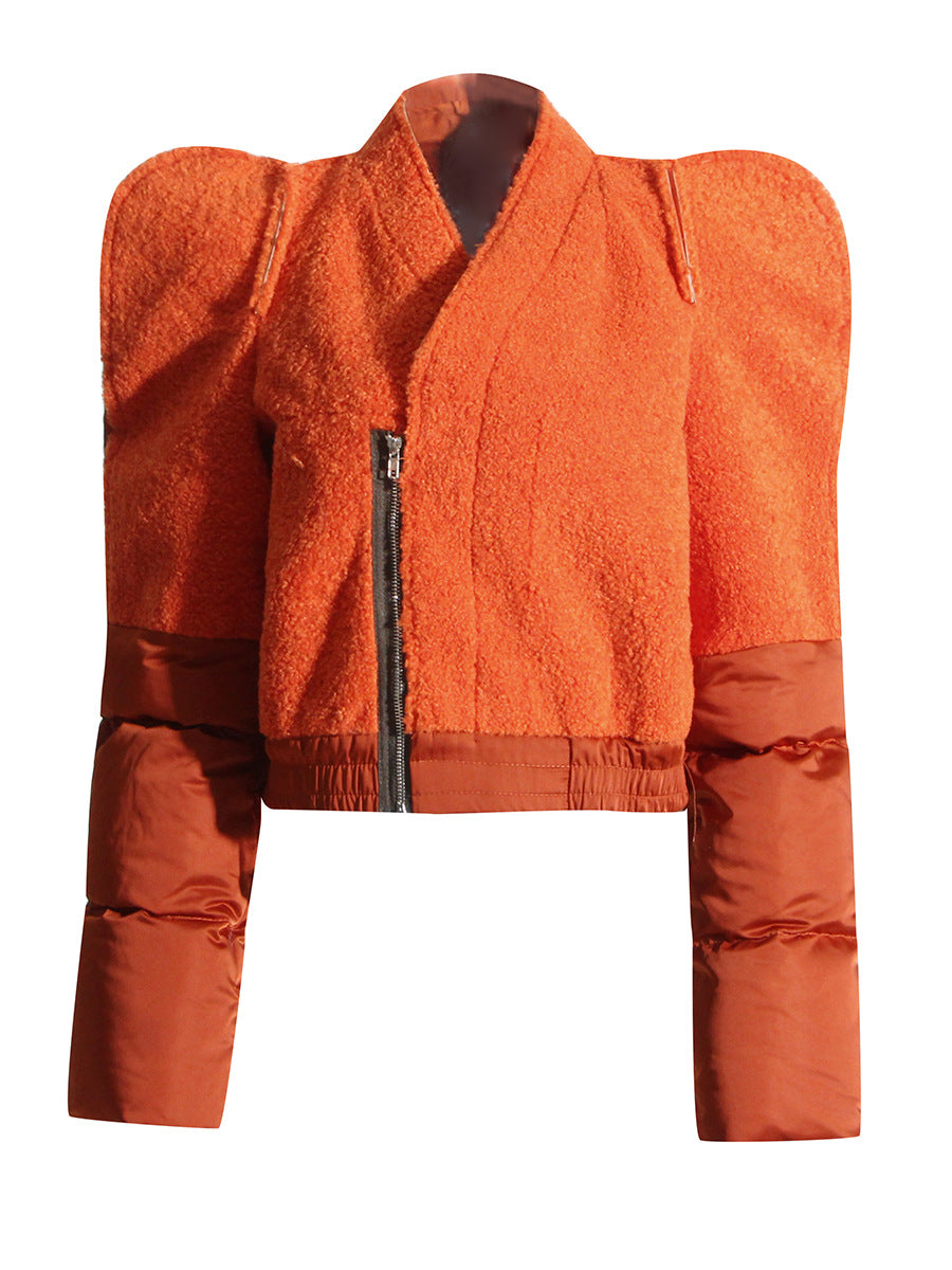 Solid Spliced Zipper Streetwear For Women V Neck Long Sleeve Loose Casual Thick Winter Coats