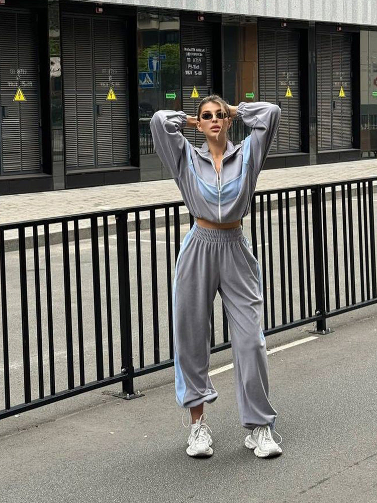Fashion  Casual Sport Set Zip-Up Hoodie and Long Pants Two-Piece Set for Women