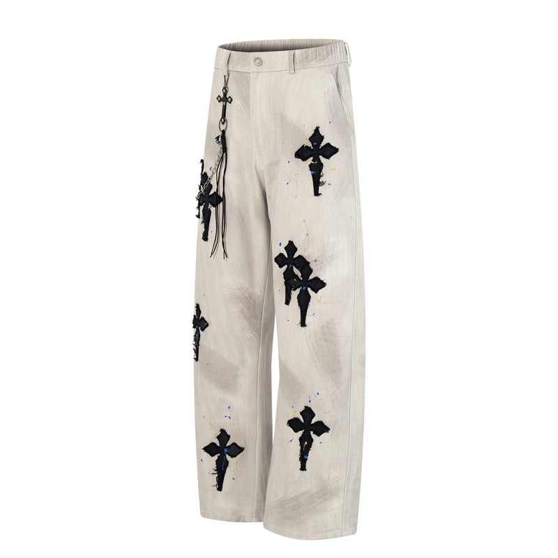 Street Style Luxury Cross Patch Embroidery Color Splatter Hand-painted Straight Leg Hip-hop Loose Jeans
