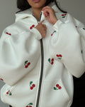 Cherry Print Hooded Zip-Up Sweatshirt Jacket Street Style Fashion Casual Women's Hoodie
