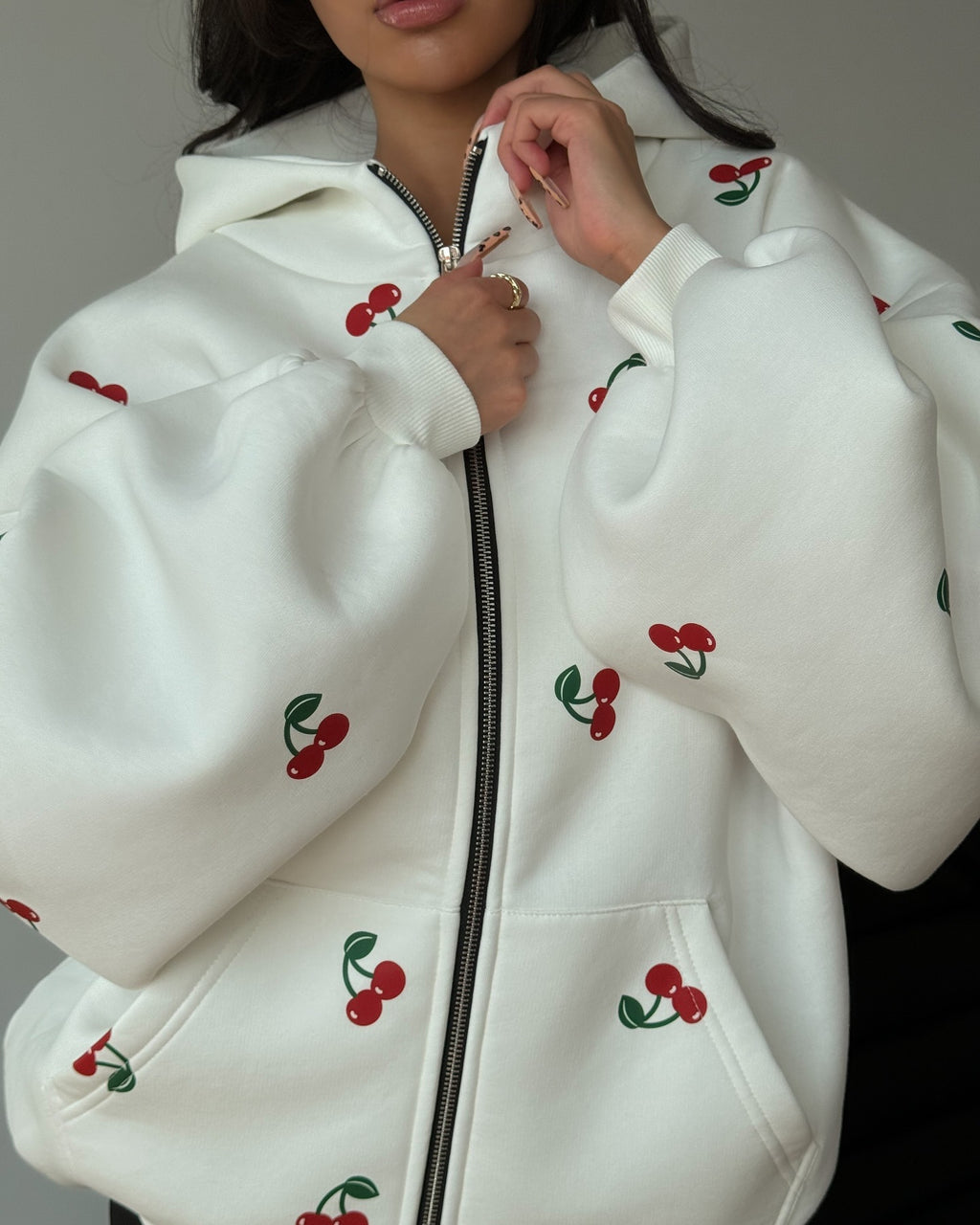 Cherry Print Hooded Zip-Up Sweatshirt Jacket Street Style Fashion Casual Women's Hoodie