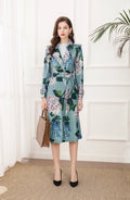 Winter Women Fashion Runway Leather Trench Coats Long Sleeve Sashes Small Floral Print LadyLoose Coats Overcoat