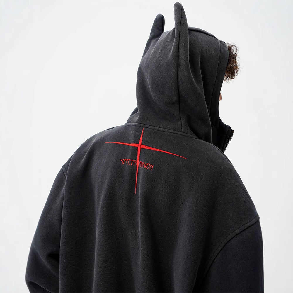 Street Style Heavyweight Washed Hoodie for Men and Women, Trendy Brand, Devil Design Zip-Up Jacket