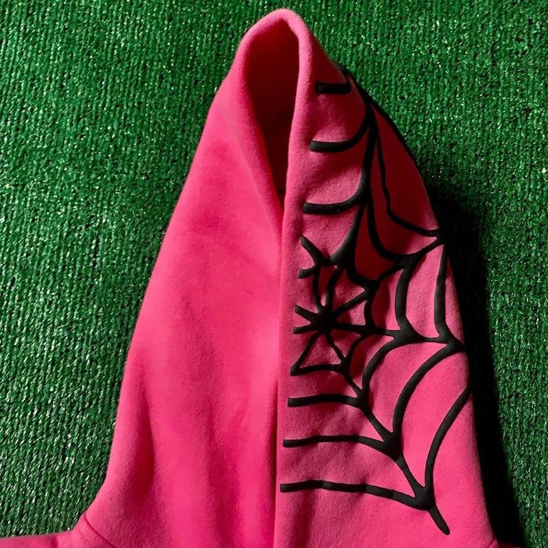 Style Spider Web Print Loose Street Pink Unisex Hoodie