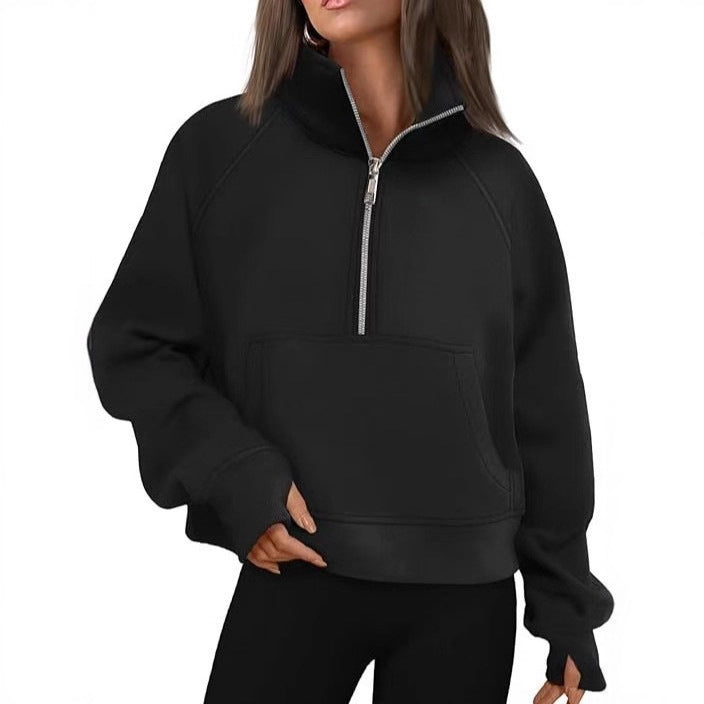 Fashionable Women's Autumn/Winter Fleece Pullover with Raglan Sleeves Loose Fit Stand-Up Collar Half-Zip Hoodie