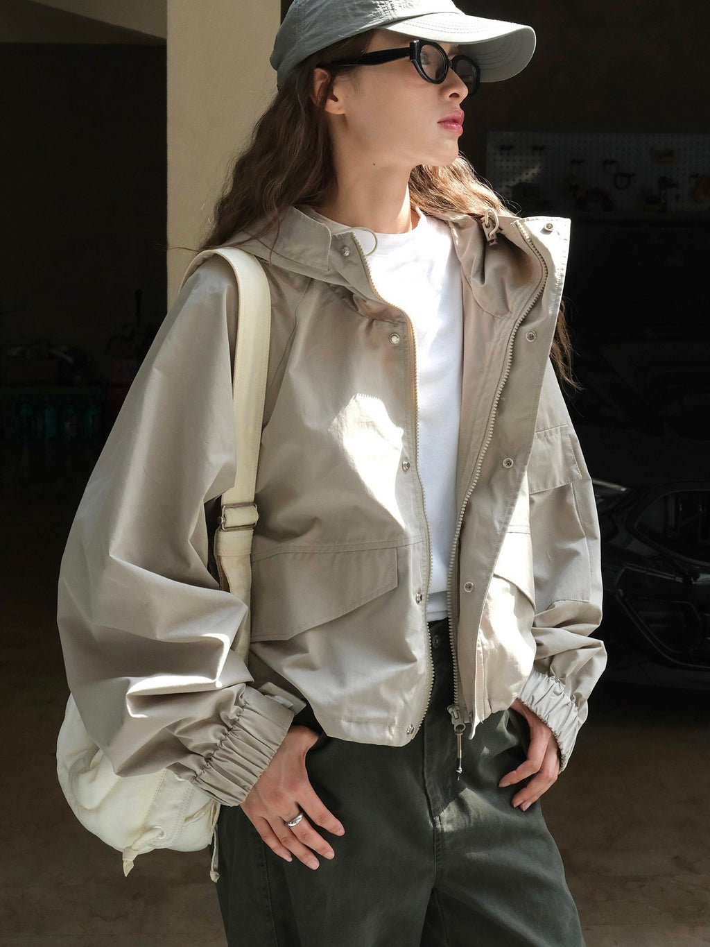 Japanese outdoor style stand up collar hooded jacket loose silhouette slimming casual jacket for women