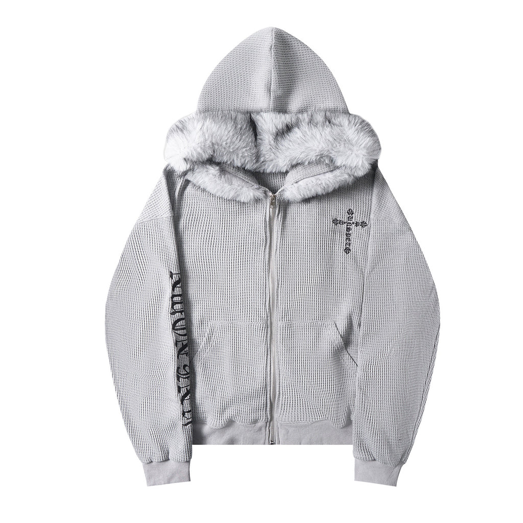 Cross Embroidered Zipper Hoodie