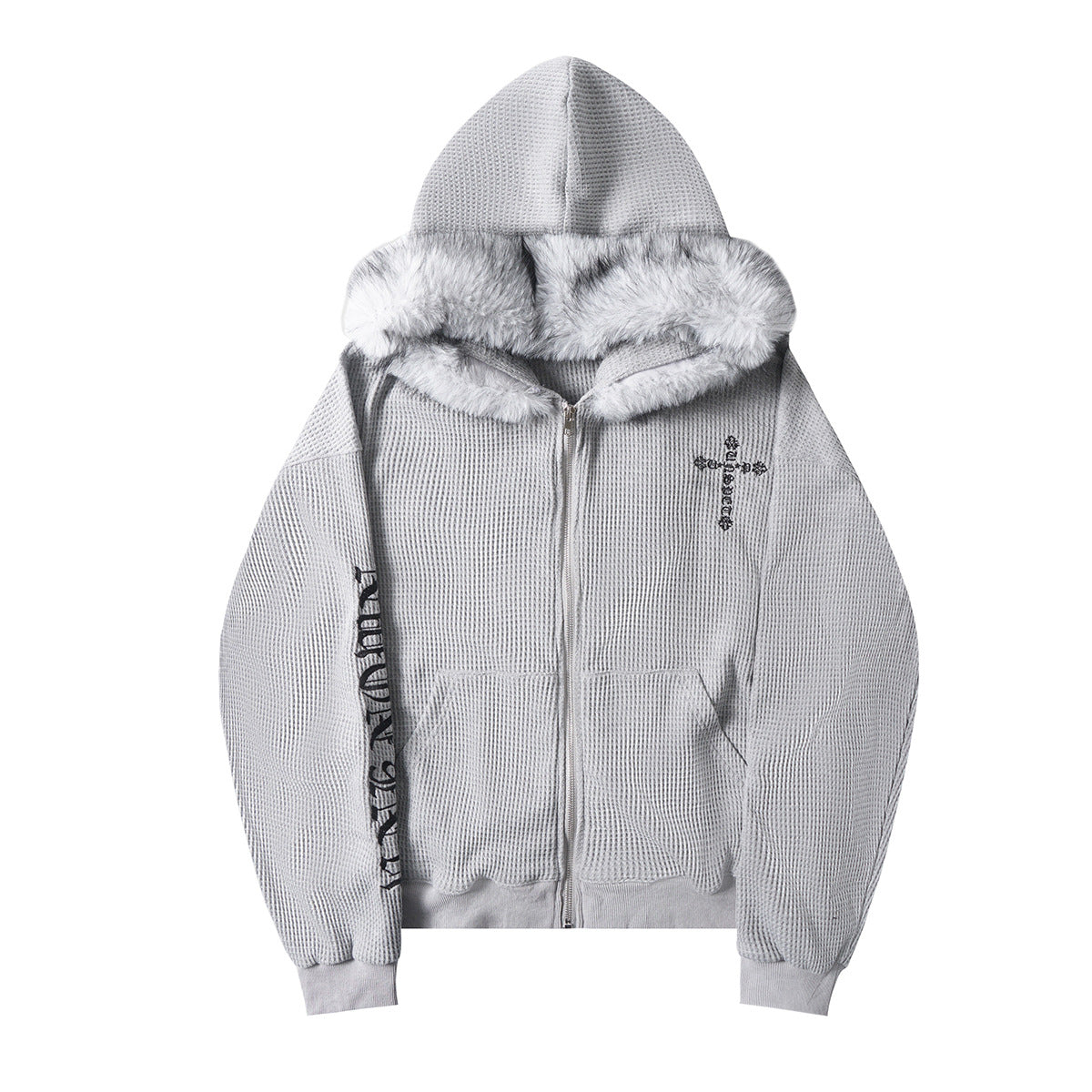 Cross Embroidered Zipper Hoodie