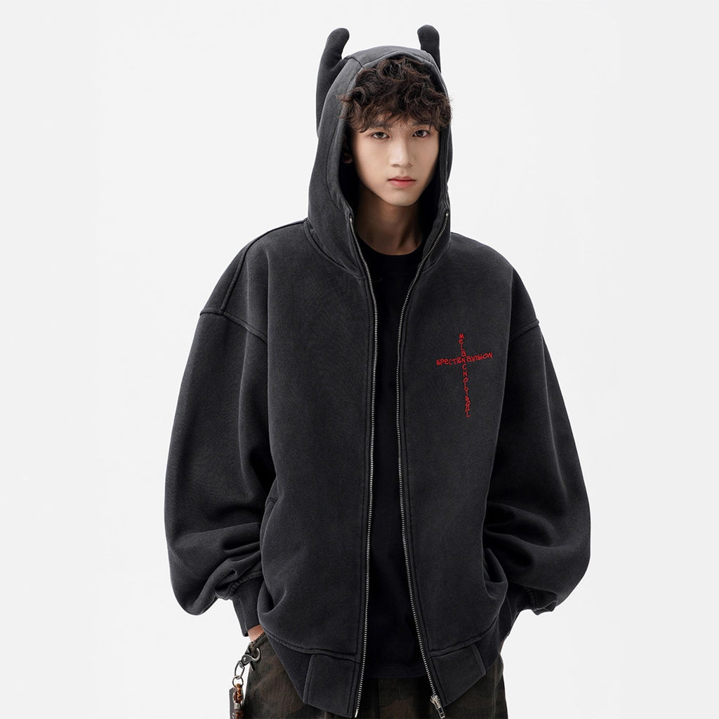 Street Style Heavyweight Washed Hoodie for Men and Women, Trendy Brand, Devil Design Zip-Up Jacket
