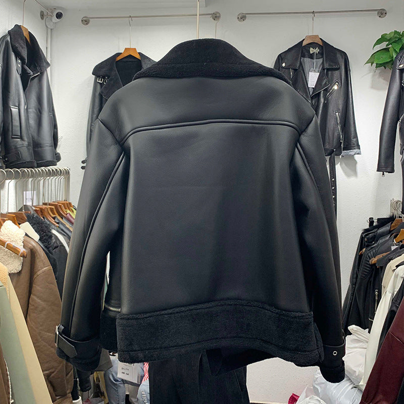 Motorcycle Merino wool fur coat women's autumn and winter short warm thin fur one coat winter