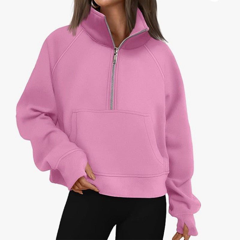 Fashionable Women's Autumn/Winter Fleece Pullover with Raglan Sleeves Loose Fit Stand-Up Collar Half-Zip Hoodie