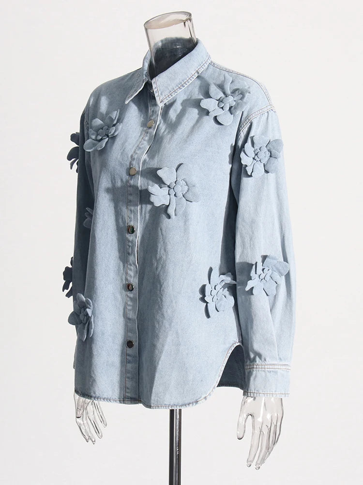 Solid Patchwork Appliques Loose Denim Jackets For Women Lapel Long Sleeve Spliced Button Minimalist Coats Female