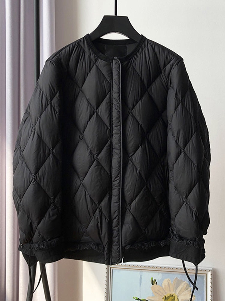 Winter Cotton Coat For Women Round Neck Long Sleeve Patchwork Denim Casual Down Coats Female Clothing Fashion Style