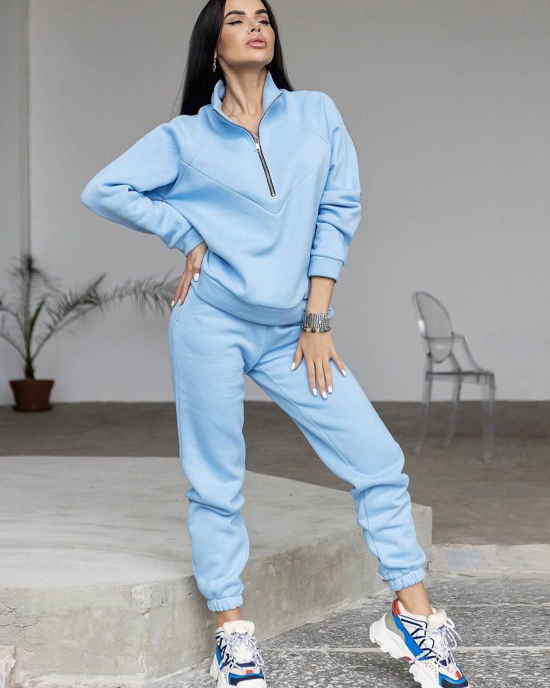 Spring and Autumn Fashion Casual Hoodie Two piece Set Long Sleeve Solid Color Casual Set