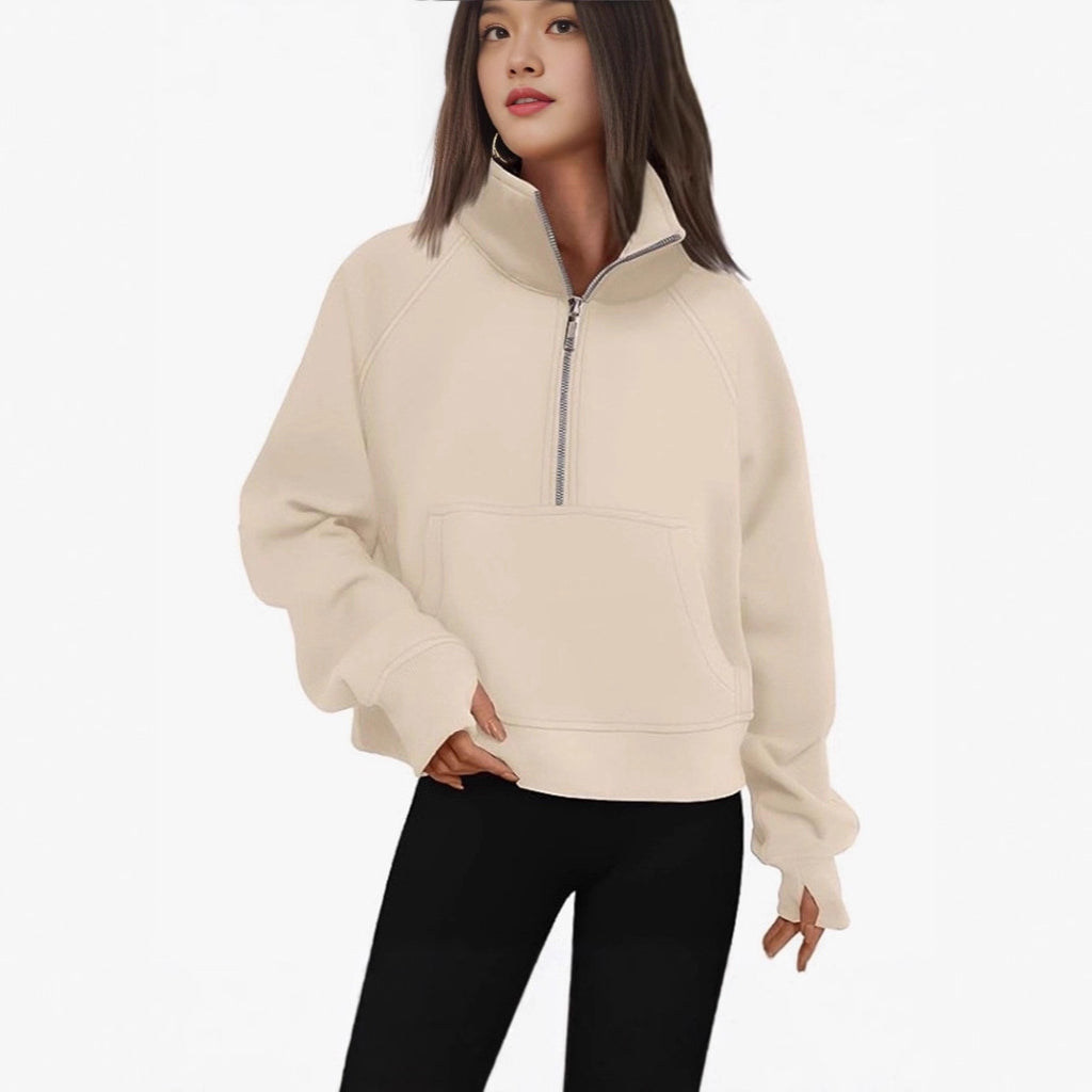 Fashionable Women's Autumn/Winter Fleece Pullover with Raglan Sleeves Loose Fit Stand-Up Collar Half-Zip Hoodie