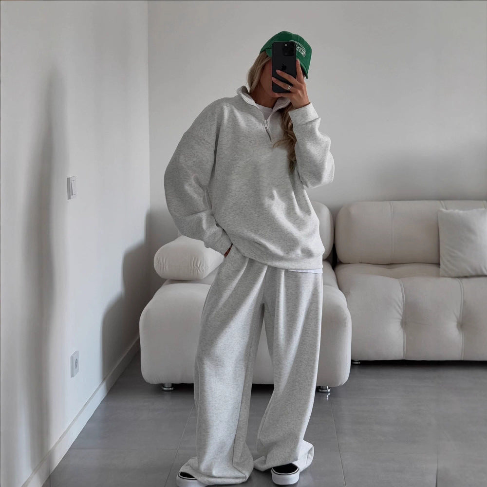 Fashion Half-Open Neck Long Sleeve Hoodie and Pants Casual Set Oversized Pullover with Tie Waist Sweatpants Two-Piece Set, Cotton