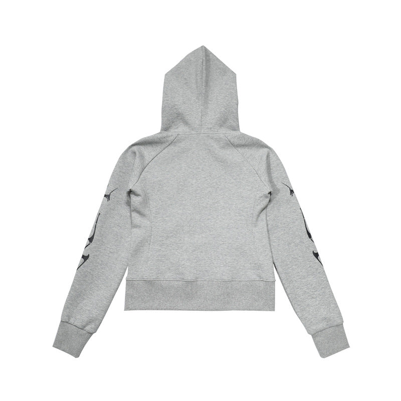 Vintage Gothic Style Hooded Sweatshirt Streetwear Casual Fitted Slim Fit Short Zip-Up Hoodie Jacket