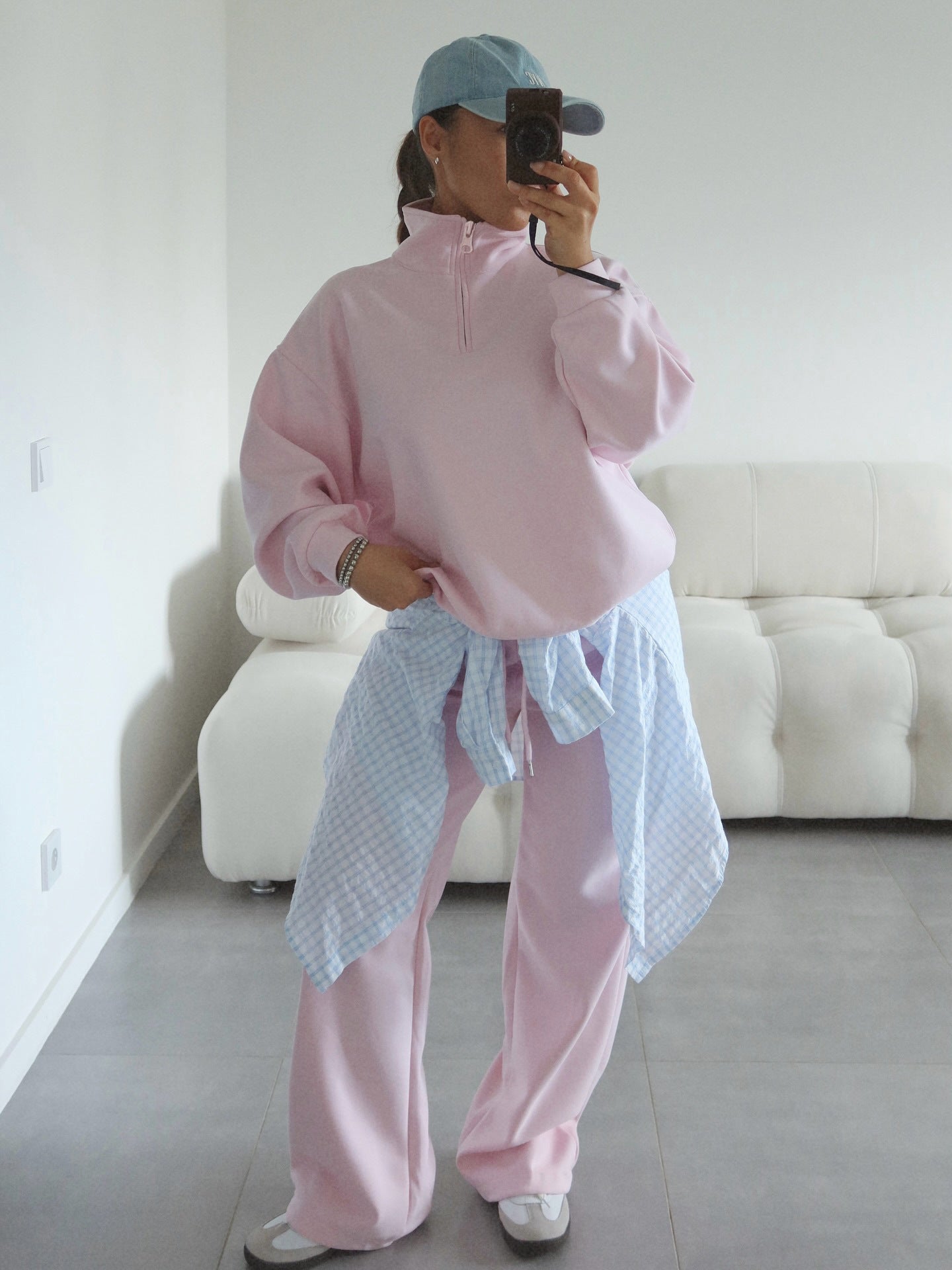 Fashion Half-Open Neck Long Sleeve Hoodie and Pants Casual Set Oversized Pullover with Tie Waist Sweatpants Two-Piece Set, Cotton