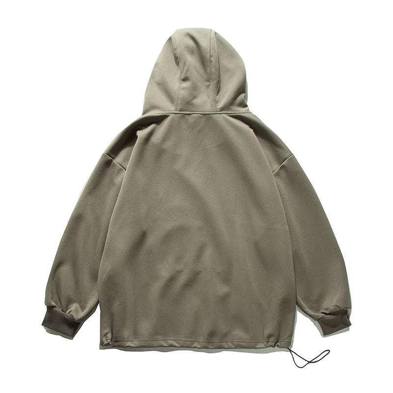 Solid Color Half-Zip Drawstring Pocket Casual Loose Hoodie