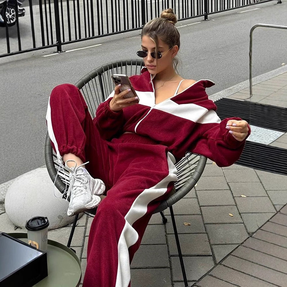 Fashion  Casual Sport Set Zip-Up Hoodie and Long Pants Two-Piece Set for Women