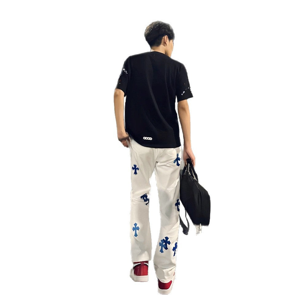 Street Style White Flared Jeans for Men, Autumn Fashion Brand Cross Pendant Pants Slim Fit Straight Leg Tapered Design
