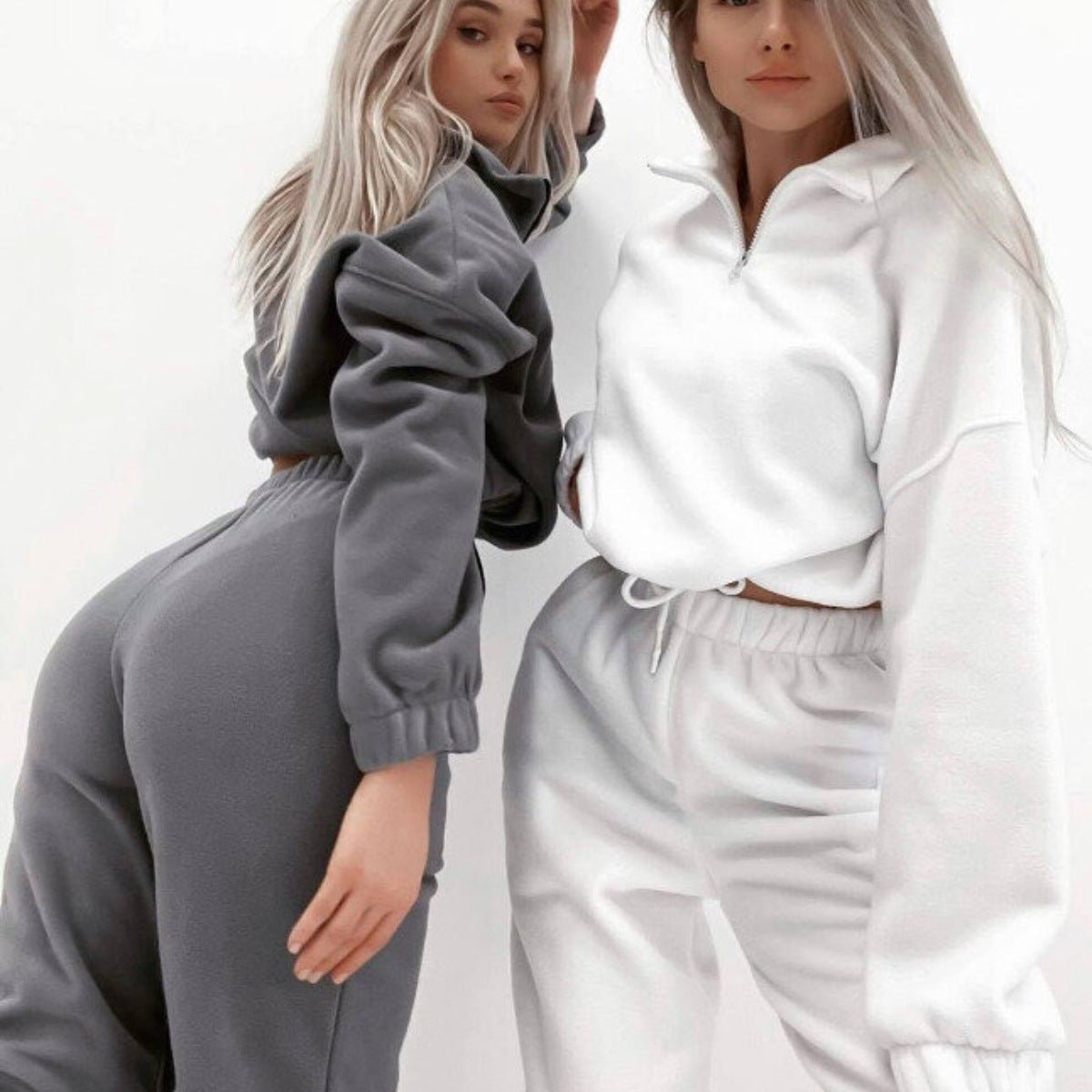 Fashion Casual Loose Zipper Stand Collar Hoodie Two-Piece Set for Women