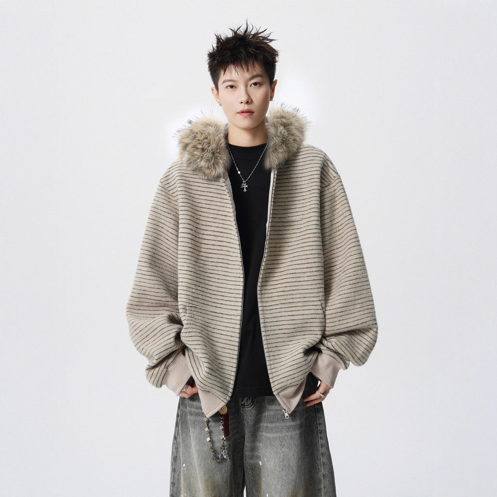 Oalin American Style Chic Striped Zip-Up Hoodie Loose Casual Vintage Couple's Sweatshirt Jacket