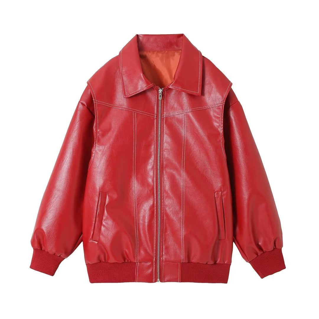 PU Autumn Winter Vintage Long Sleeve Patchwork Jackets Fashion Streetwear Pocket Coats