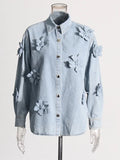Solid Patchwork Appliques Loose Denim Jackets For Women Lapel Long Sleeve Spliced Button Minimalist Coats Female