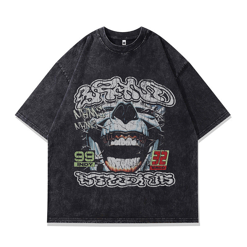 Oversized Short Sleeve T-Shirt Retro Hip Hop Print Men's Street Fashion Loose Washed Vintage Tee