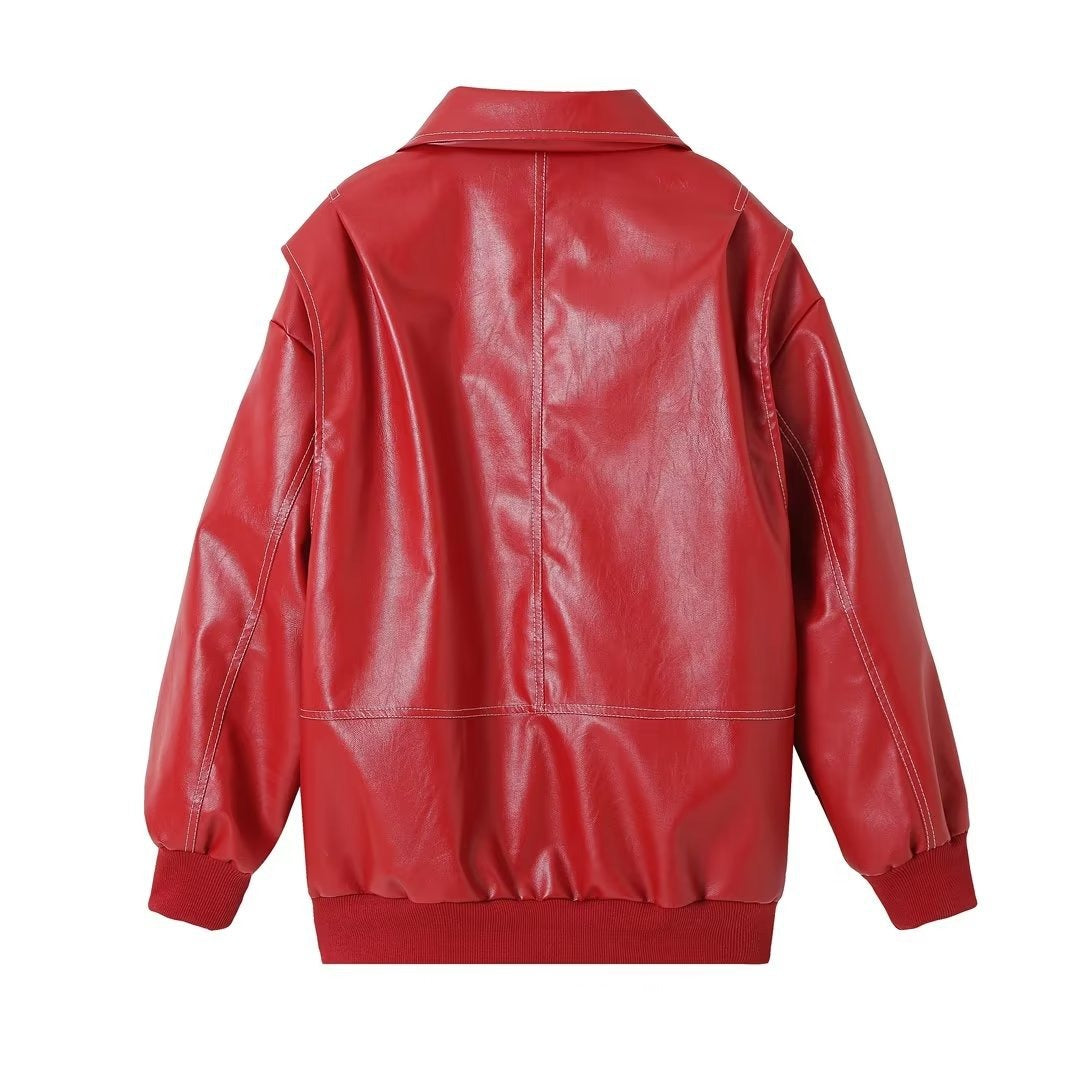 PU Autumn Winter Vintage Long Sleeve Patchwork Jackets Fashion Streetwear Pocket Coats