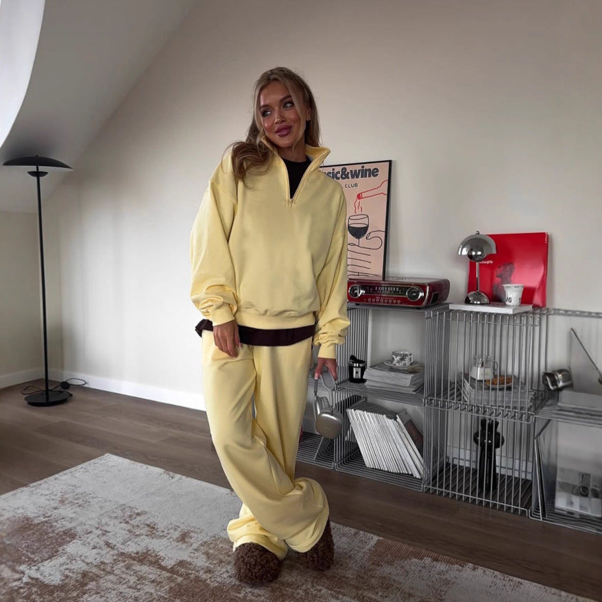 Fashion Half-Open Neck Long Sleeve Hoodie and Pants Casual Set Oversized Pullover with Tie Waist Sweatpants Two-Piece Set, Cotton