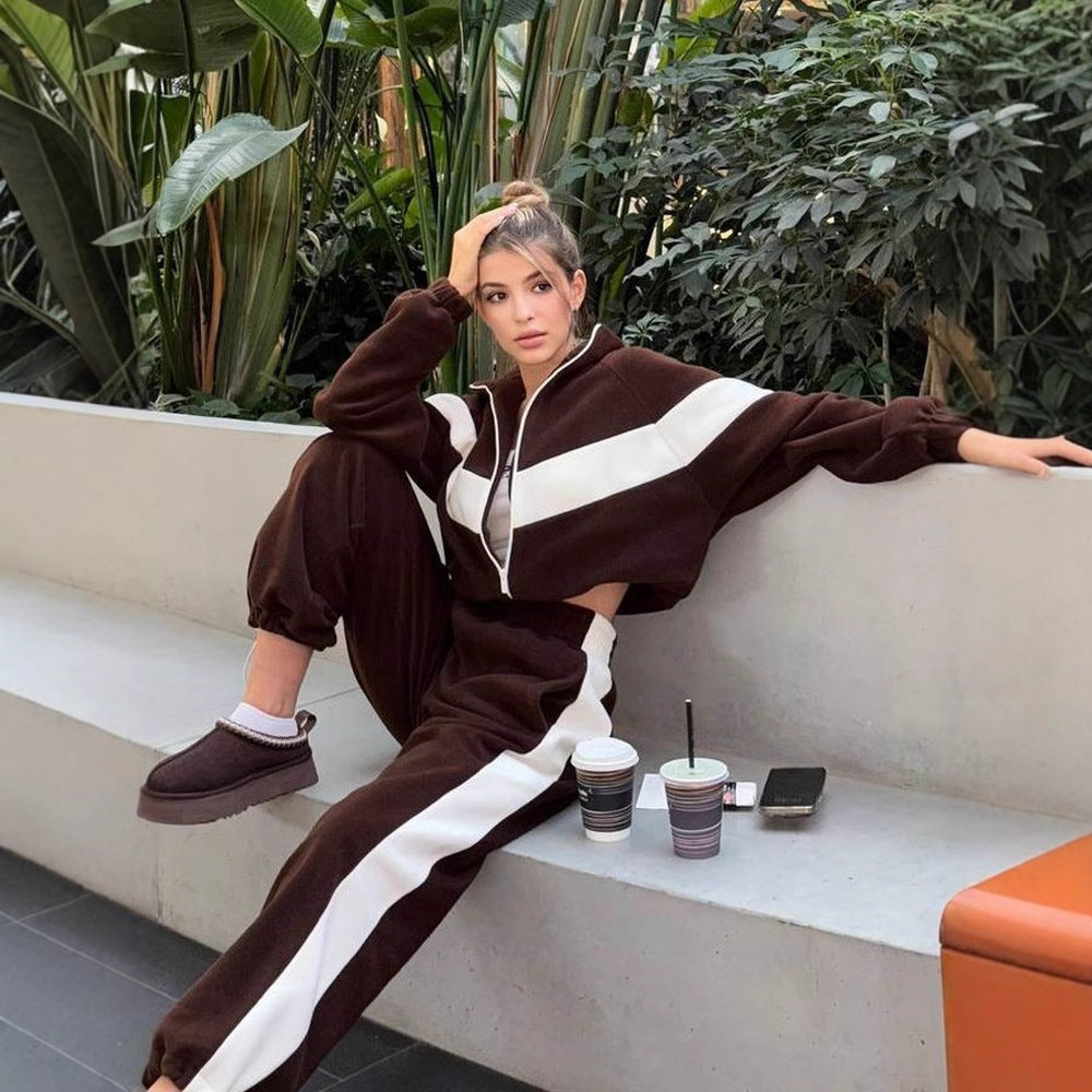 Fashion  Casual Sport Set Zip-Up Hoodie and Long Pants Two-Piece Set for Women