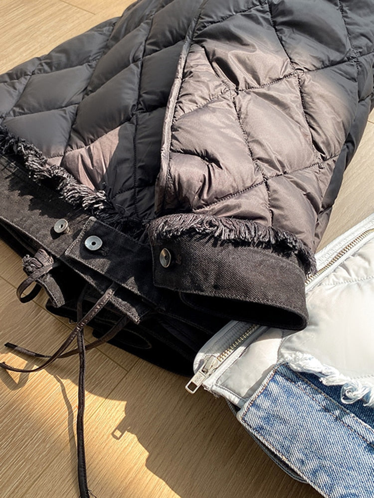 Winter Cotton Coat For Women Round Neck Long Sleeve Patchwork Denim Casual Down Coats Female Clothing Fashion Style